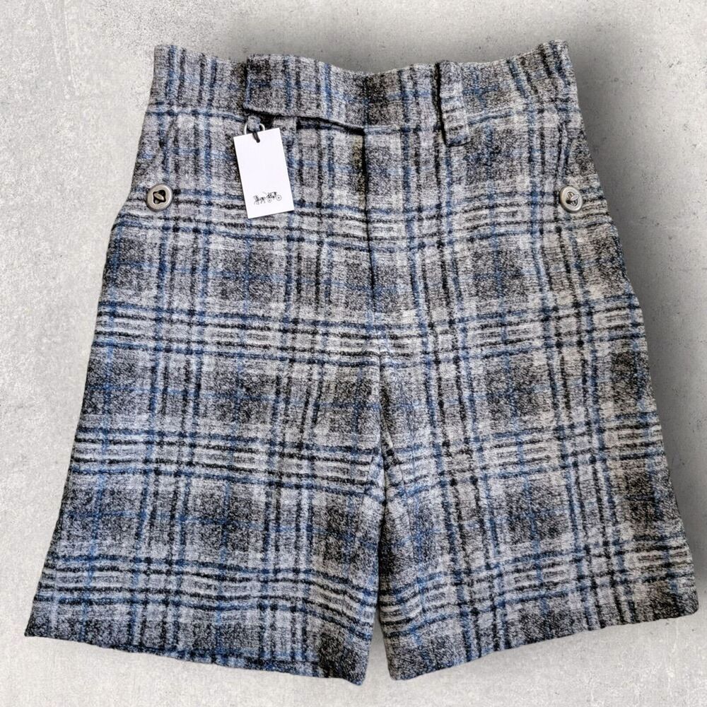 Coach Shorts Womens 6 Oversized Wool Gray Blue Plaid Pocket Chain Bermuda Long